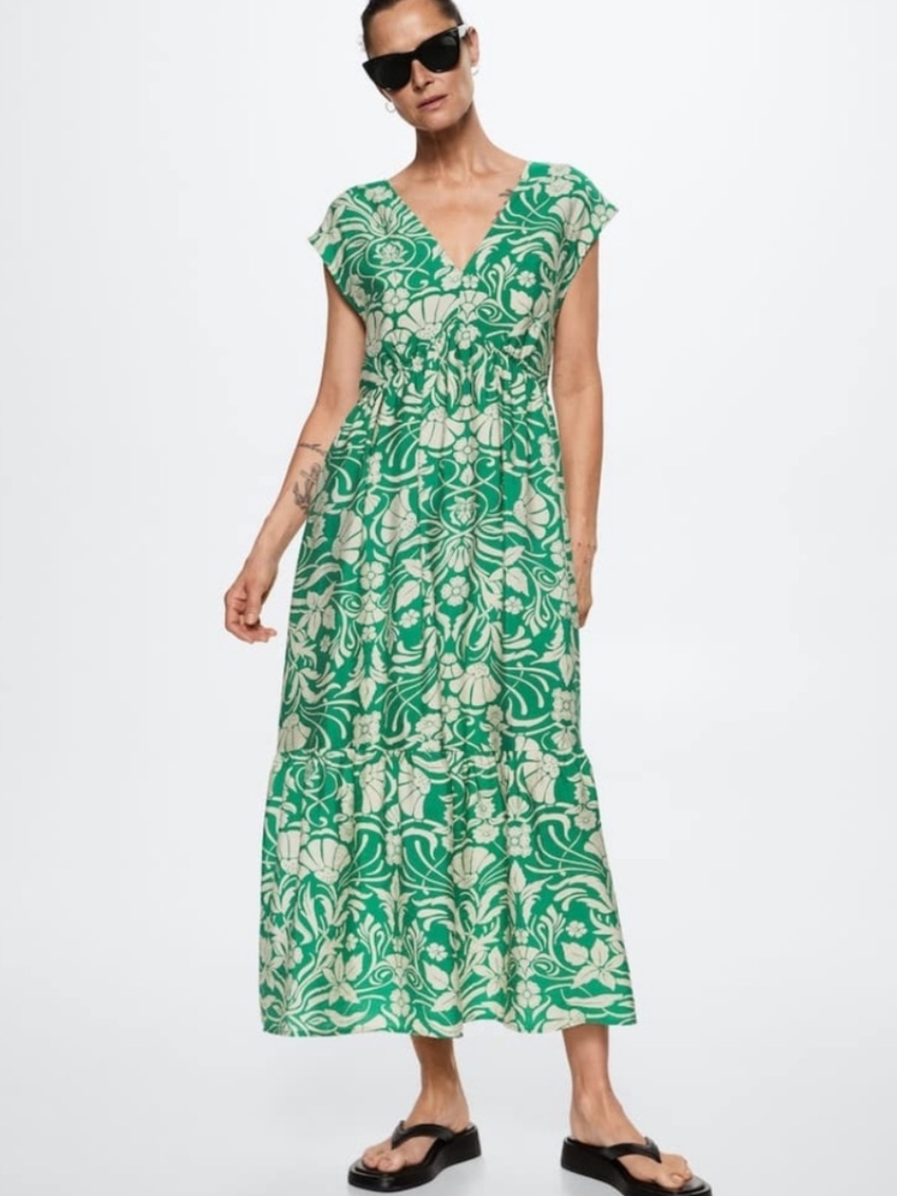 MANGO Floral Print Flowy Dress Size XS green